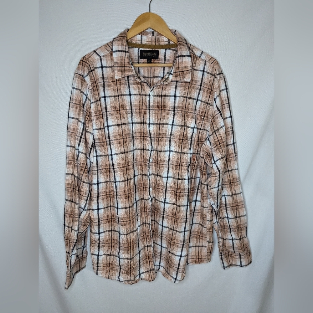 Brothers and Sons Brown Tan Plaid‎ Long Sleeve Casual Button Down Size XXL